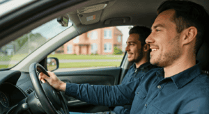 Learner driver and instructor during a driving lesson